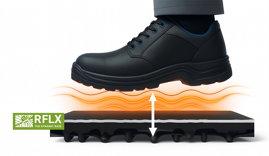 Rückseite einer ergonomischen Arbeitsplatzmatte mit innovativer RFLX DYNAMIC BASE Struktur, inspiriert von natürlichen Geometrien – für bessere Stabilität, Flexibilität und Bewegungsdynamik im Industrieeinsatz.